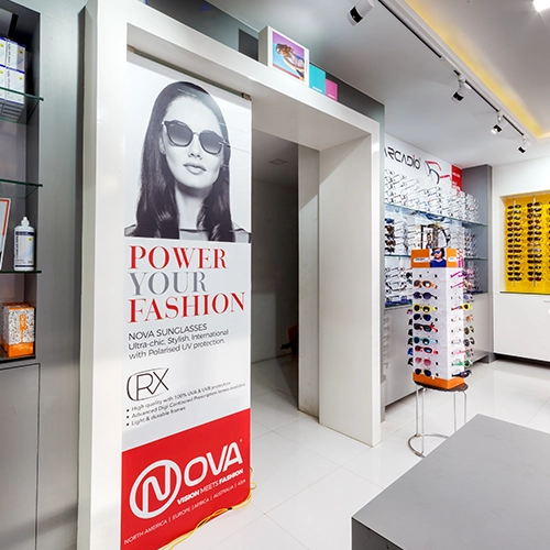 A stylish optical store interior design with a clean, elegant layout and efficient lighting.