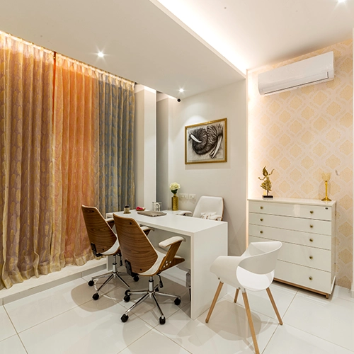 Hexa Skin Clinic's interior design blends soothing tones & spaces, enhancing patient comfort.