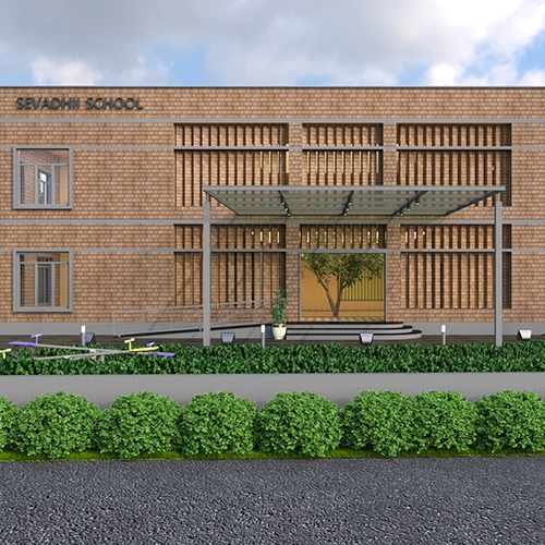 The design of Sevadhi School in Coimbatore creates a vibrant and functional learning environment.